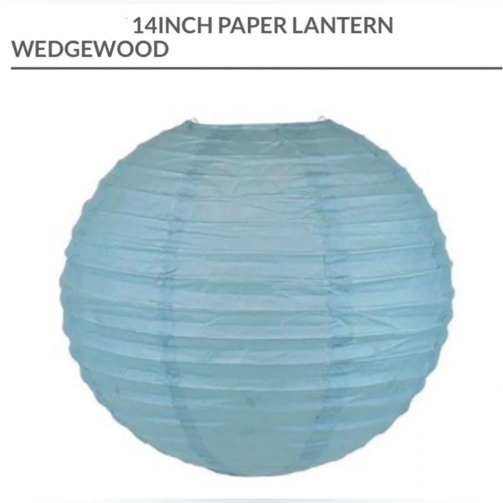Set of 2 Individual Paper Lanterns 14” Wedgewood Blue with Metal Hanger Pleated